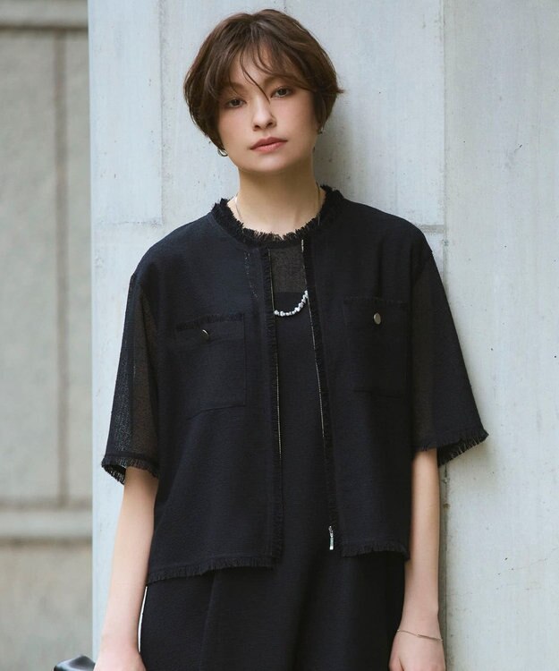 ICB L 【CLASSY.掲載】サマーレノクロス ハーフスリーブジャケット ネイビー×ブラック
