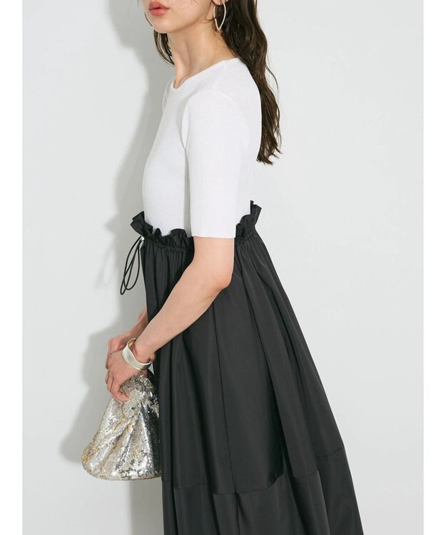 Green Parks ランタン型ニットドッキングタフタワンピース Off White