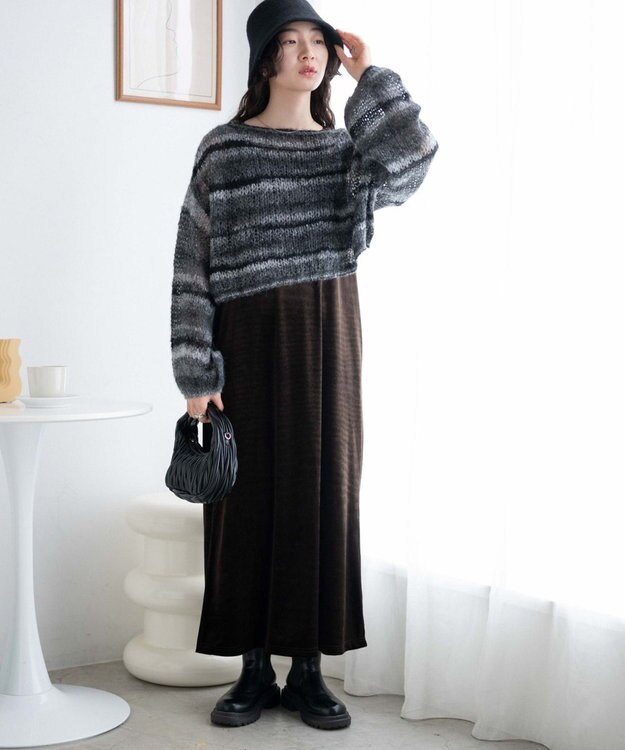 WEGO 段染めボーダーモヘアライクニット ブラック