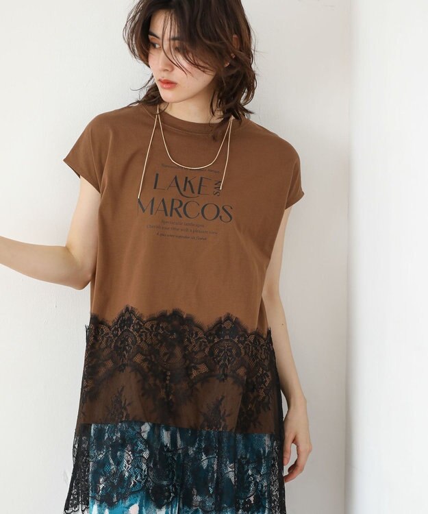 Green Parks フレンチスリーブ裾レースロゴチュニック Brown