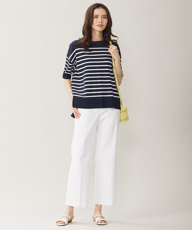 自由区 【接触冷感・UVカット・WEB限定カラーあり】クレープストレッチプルオーバー ニット ネイビー×オフボーダー