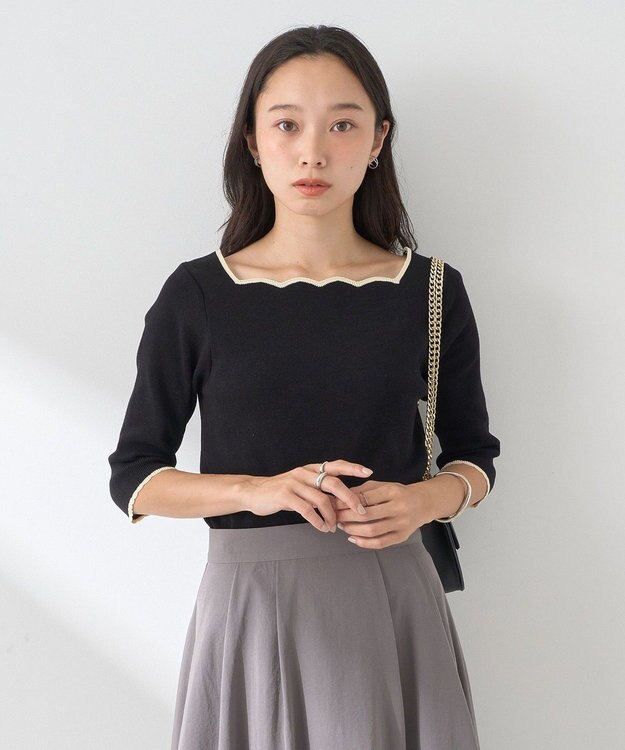 earth music&ecology 襟袖スカラップ配色プルオーバー Black