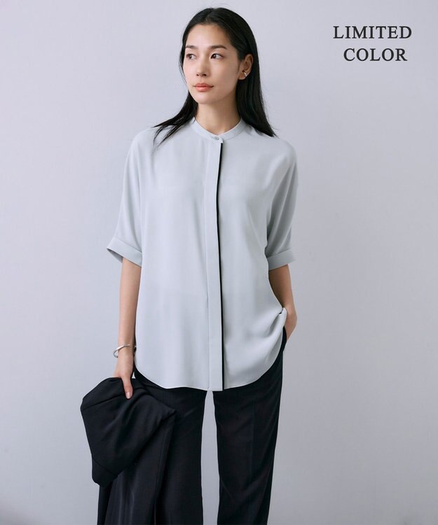 ICB L 【人気のため新色追加・接触冷感・UVケア・速乾・洗える】BackSatinAmunzen 5分袖バンドカラーブラウス アッシュブルー系