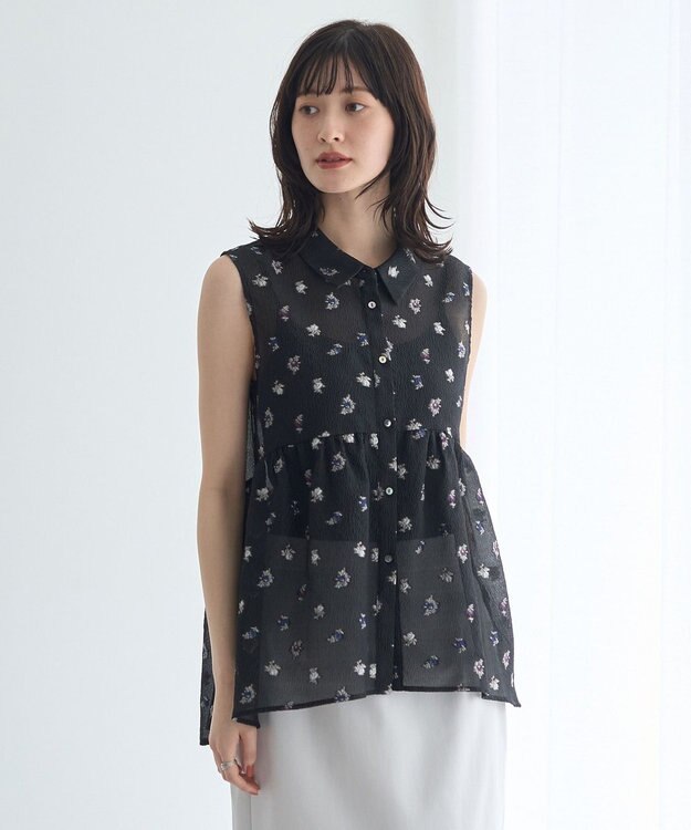 YECCA VECCA シアージャガードペプラムブラウス Black