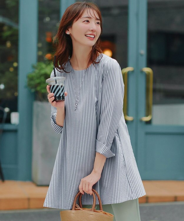 Tiaclasse L 【おのののかさん着用】半袖＆七分袖選べる袖丈バックフレアチュニック 七分袖ネイビーストライプ