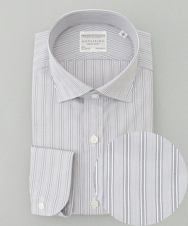 GOTAIRIKU 【形態安定】PREMIUMPLEATS_スモールワイドカラー 通年ドレスシャツ グレー×白ストライプ