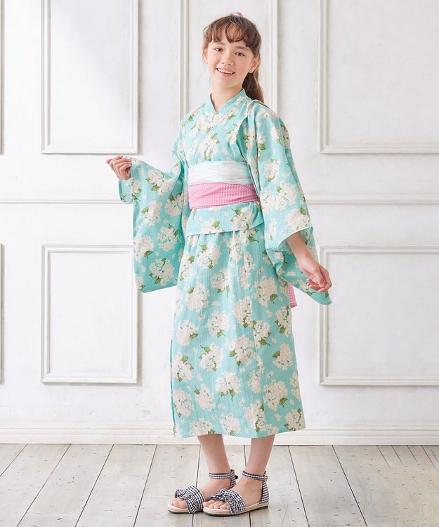 ANY KIDS ロング丈 浴衣 セット エメラルドグリーン×アジサイ