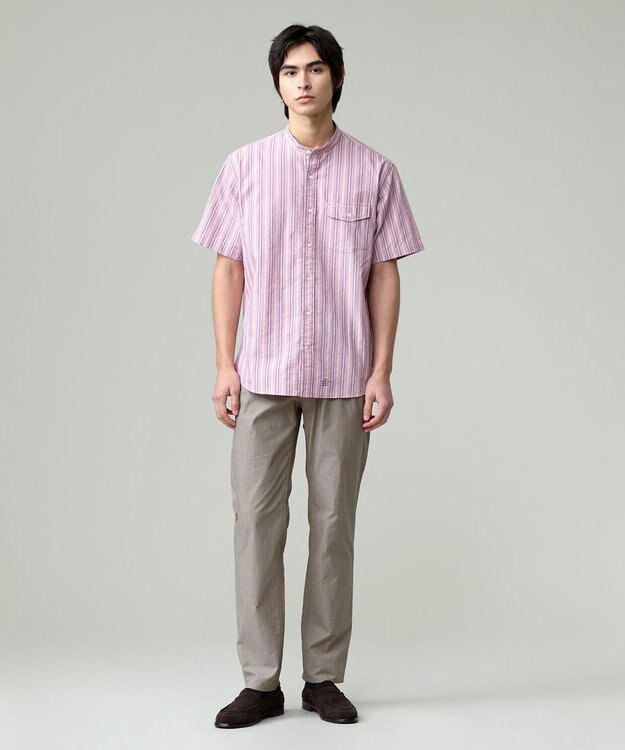 J.PRESS MEN 風が通るシアサッカーの清涼感【吸水速乾 / 高通気性】【クールマックス】サッカ－マルチストライプ シャツ / バンドカラー ピンク系1