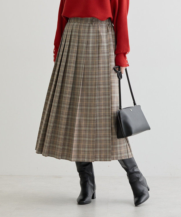 Green Parks ワイドプリーツチェックスカート Brown