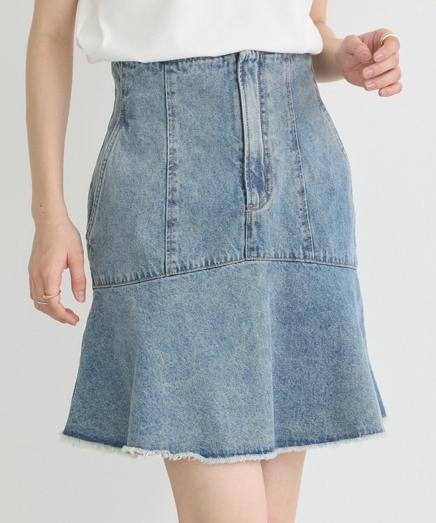 earth music&ecology ハイウエストフレアデニムスカート Light Indigo