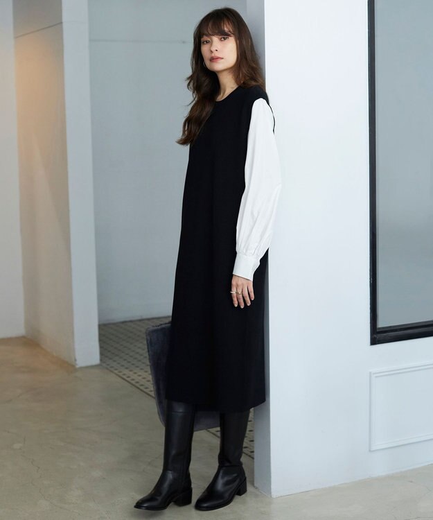 洗える】クロスコンビ シャツドッキング ニットワンピース / ICB