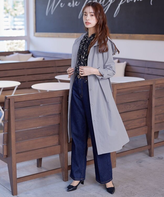 Tiaclasse 【洗える】撥水フードフレアコート サックスグレー