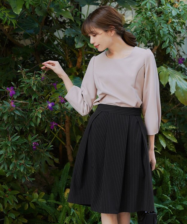 Tiaclasse 【洗える】大人上品なフレアタックスカート ブラックストライプ