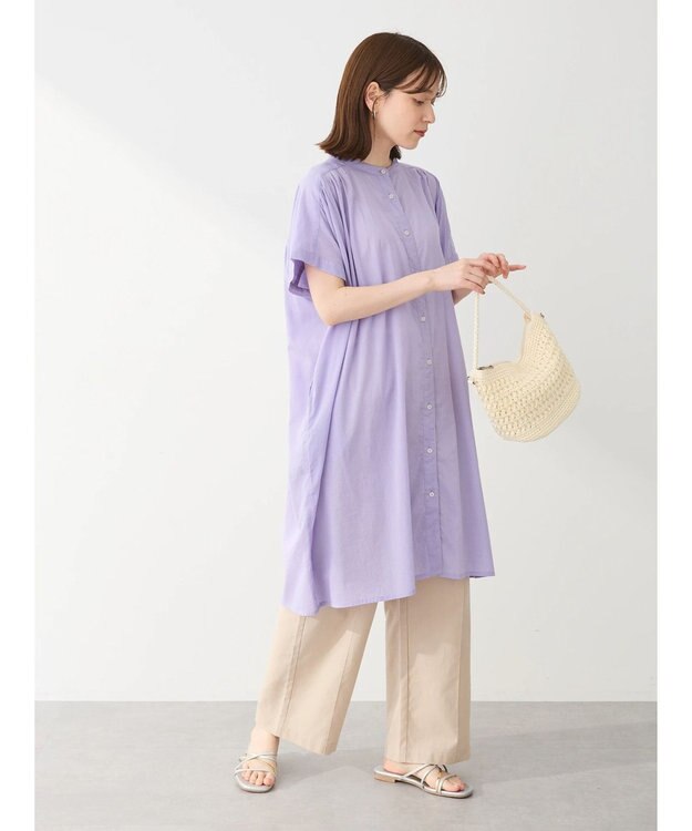 Green Parks インド綿　パイピングバンドカラーシャツチュニック Purple