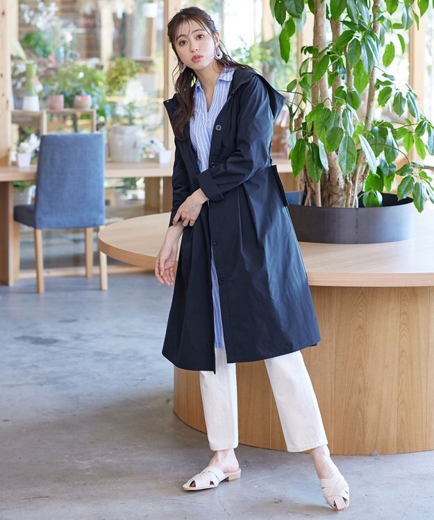 Tiaclasse 【洗える】撥水フードフレアコート ネイビー