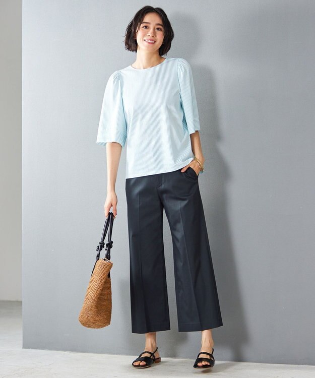 自由区 【洗える】リヨセルコットンストライプ カットソー オフ×サックス