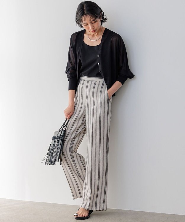 23区 【洗える】リネンストライプ ワイド パンツ ベージュストライプ