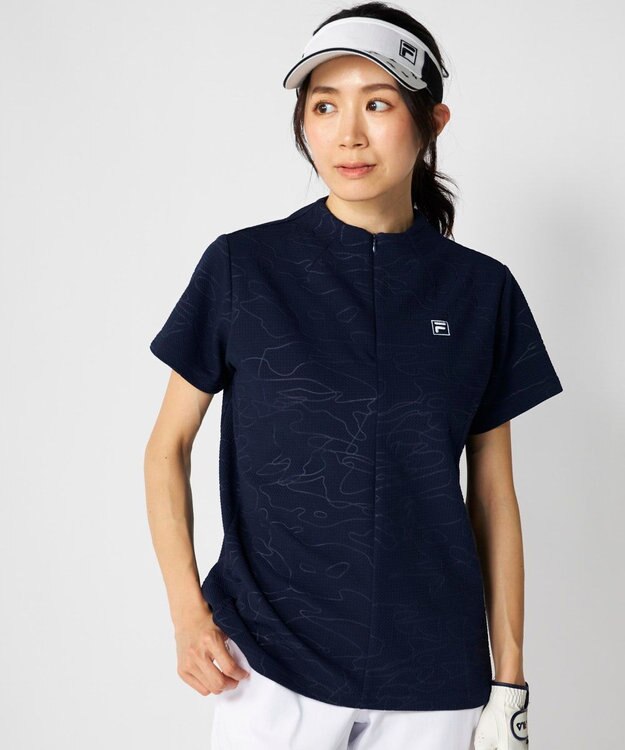 FILA GOLF／marie claire 【FILA GOLF】 チェッカーフラッグ柄エンボス半袖シャツ ネイビー