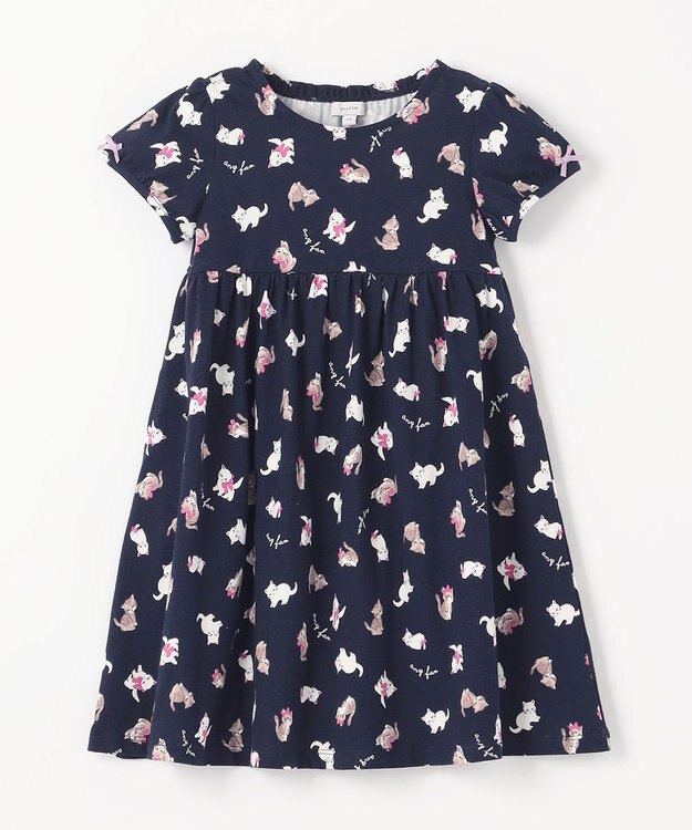 ANY KIDS カットソー サマー ワンピース ネイビー×ネコ