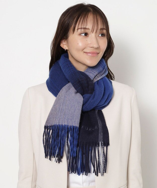 MOONBAT FURLA(フルラ）ウール100％ オンブレー チェックストール ネイビーブルー