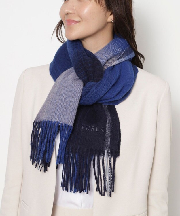 MOONBAT FURLA(フルラ）ウール100％ オンブレー チェックストール ネイビーブルー
