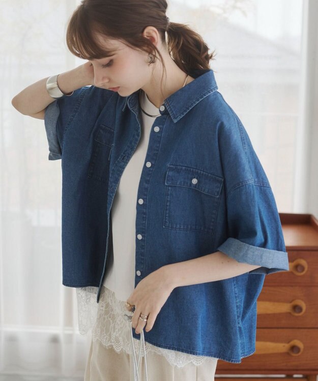 WEGO 【ANGIE VINTAGE】オーバーサイズデニム半袖シャツ ブルー