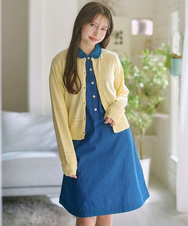 組曲 KIDS 【150-160㎝】 フラワーボタンデニムワンピース ネイビー