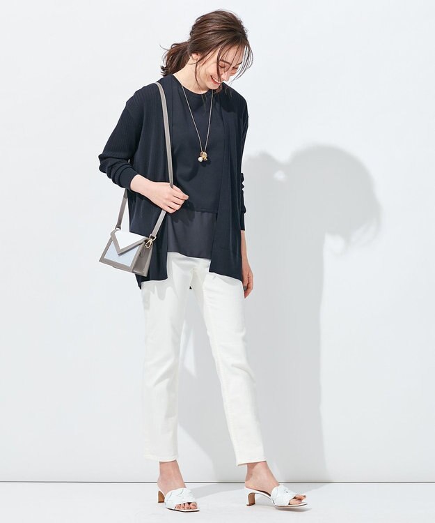 自由区 【洗える】ハイツイストコットンアセテート ニットカーディガン ネイビー系