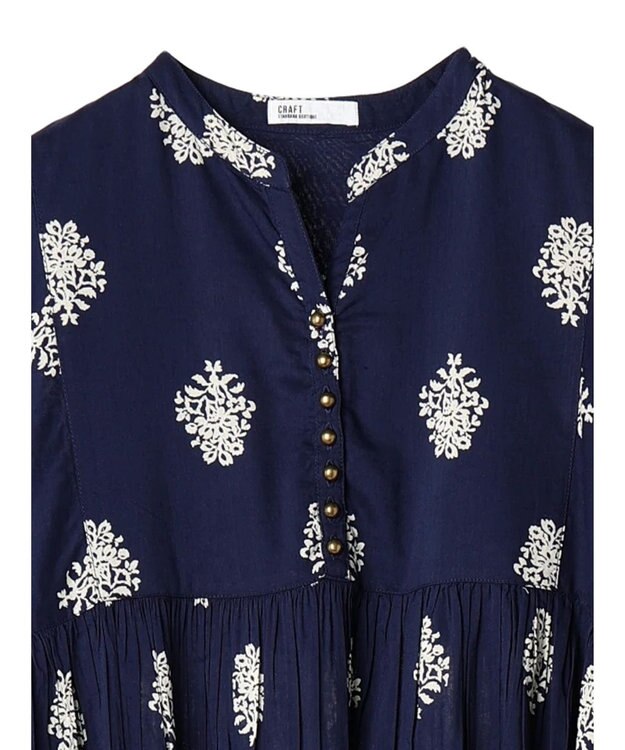 CRAFT STANDARD BOUTIQUE インド綿混フラワーモチーフワンピース Navy
