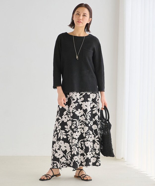 自由区 L 【洗える】リネンフリンジディテール8分袖 ニット ブラック系