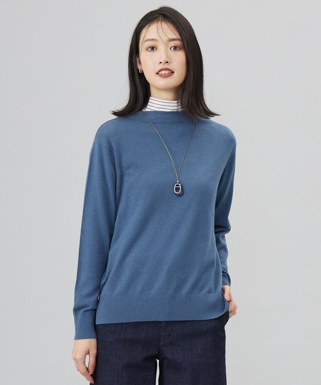 J.PRESS LADIES 【洗える】SOFT TOUCH WOOL 立ち襟 ニット ダルブルー系