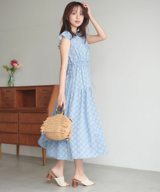 Feroux フラワープリントドロスト ワンピース ライトブルー