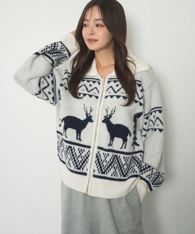 WEGO 雪柄ダブルジップニット ホワイト