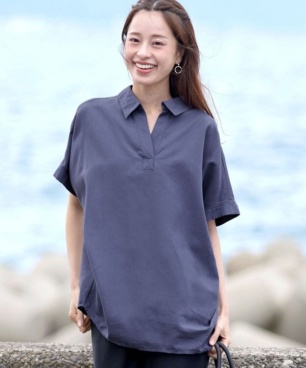 Tiaclasse 【洗える】 リネンミックススキッパーシャツ ブルー