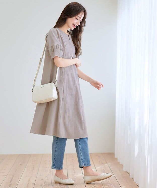 Tiaclasse 【選べる着丈・新色追加】ギャザーランタンスリーブワンピース 膝丈グレージュ