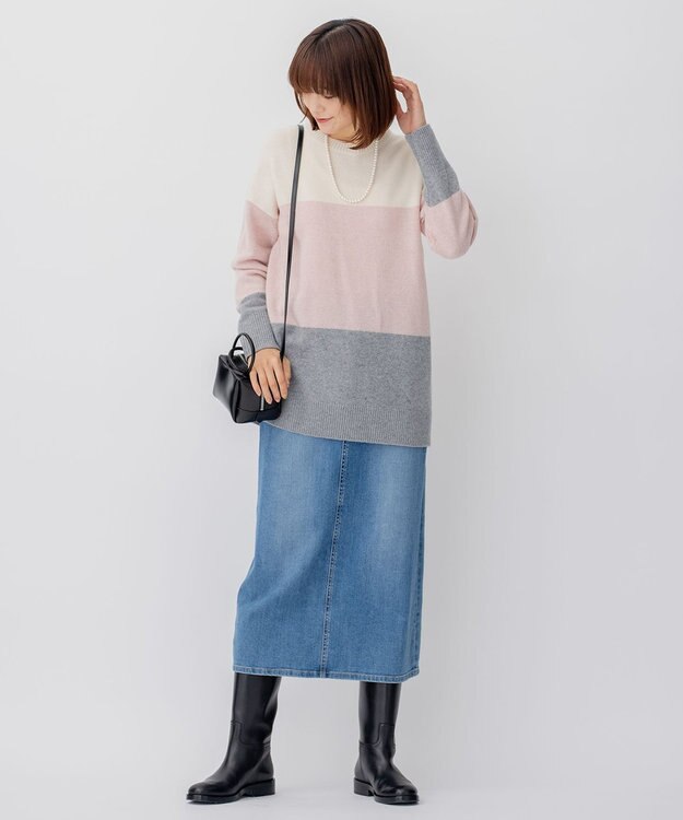 23区 【洗える】ウールナイロン カラーブロック ニット ヌードピンク系