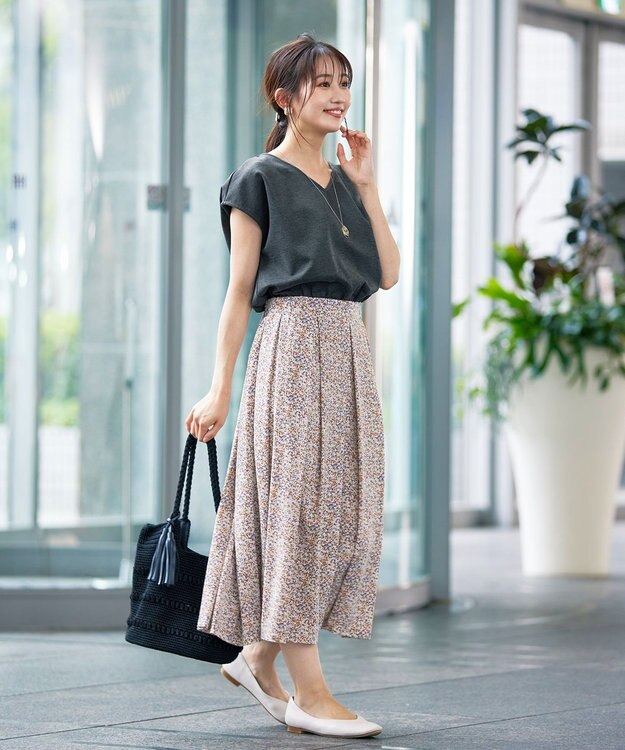 Tiaclasse 【洗える】異素材を組み合わせたカットソードッキングワンピース チャコール×ベージュフラワー