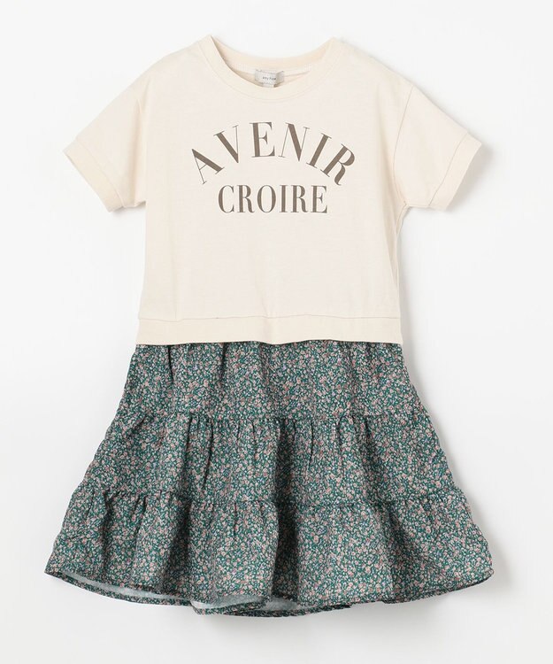 ANY KIDS 花柄ドッキング ワンピース オフホワイト×グリーン