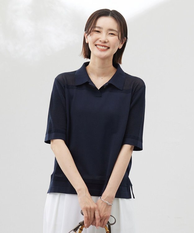 J.PRESS LADIES 【洗える】COTTON POLYESTER ニットポロ ネイビー系