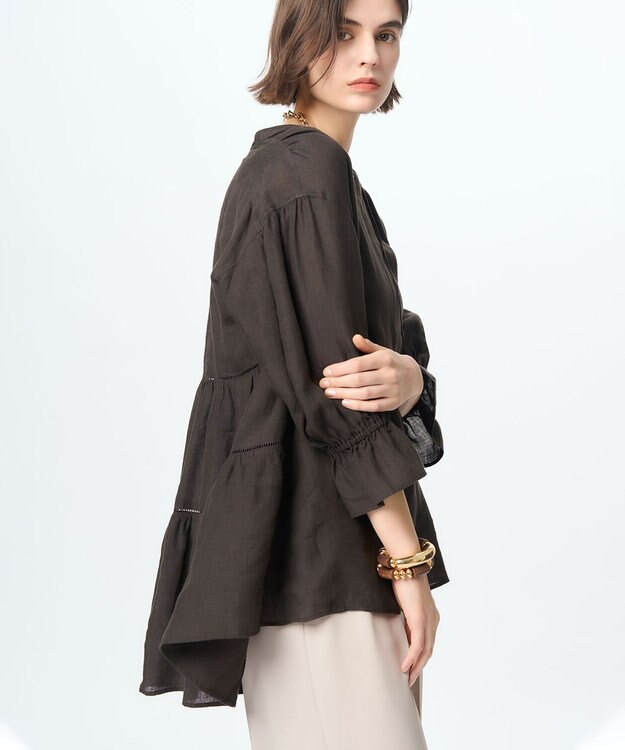 23区 S 【洗える】LIBECOリネン ティアード チュニック ブラウス ダークブラウン系