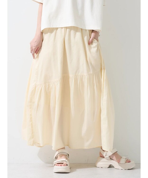 earth music&ecology コットンボイルランダム切替フレアスカート Ivory