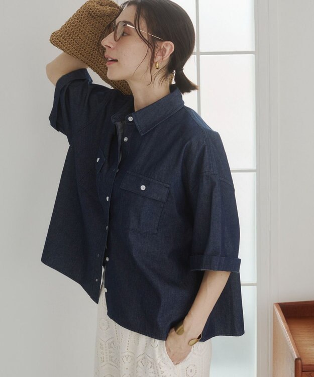 WEGO 【ANGIE VINTAGE】オーバーサイズデニム半袖シャツ ネイビー