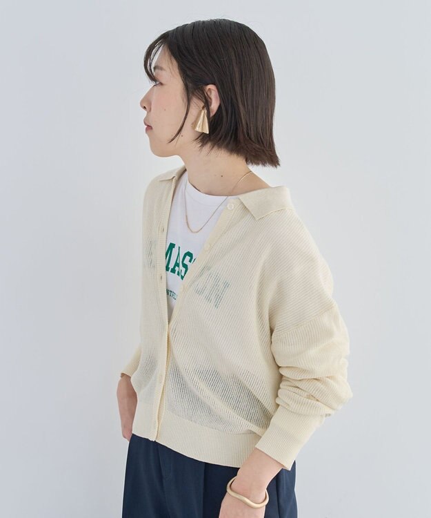 Green Parks 衿つきメッシュニットプルオーバー Ecru