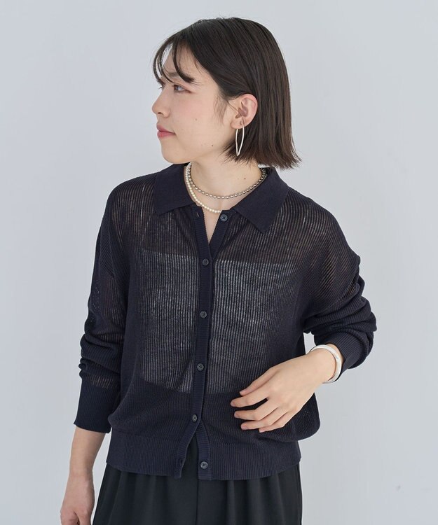 Green Parks 衿つきメッシュニットプルオーバー Dark Navy