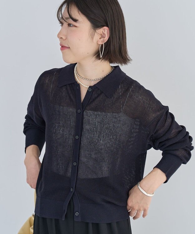 Green Parks 衿つきメッシュニットプルオーバー Dark Navy