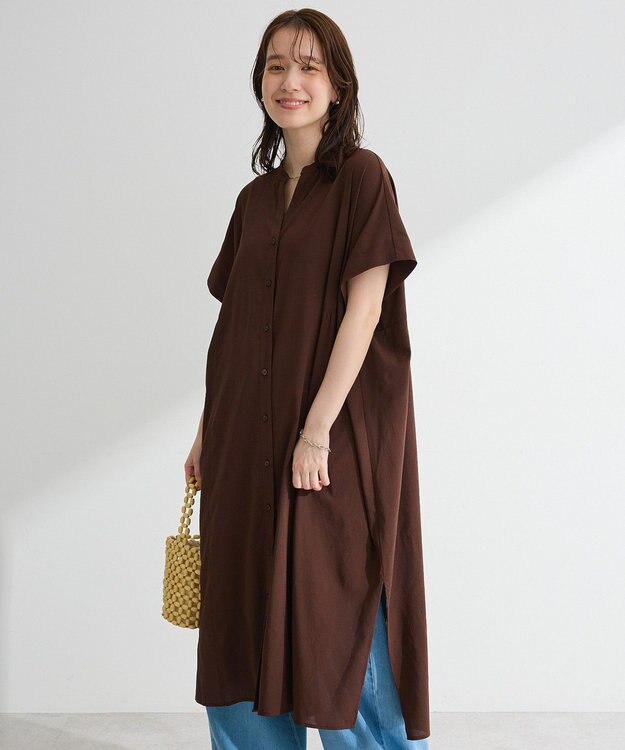 Green Parks 半袖シアースキッパーシャツワンピース Brown