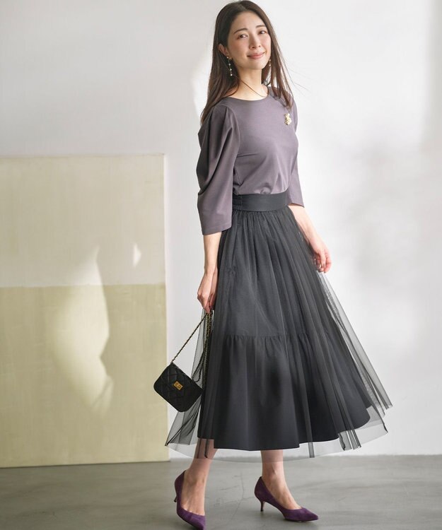 組曲 L ミニ裏毛ボリュームタックスリーブ カットソー チャコールグレー系