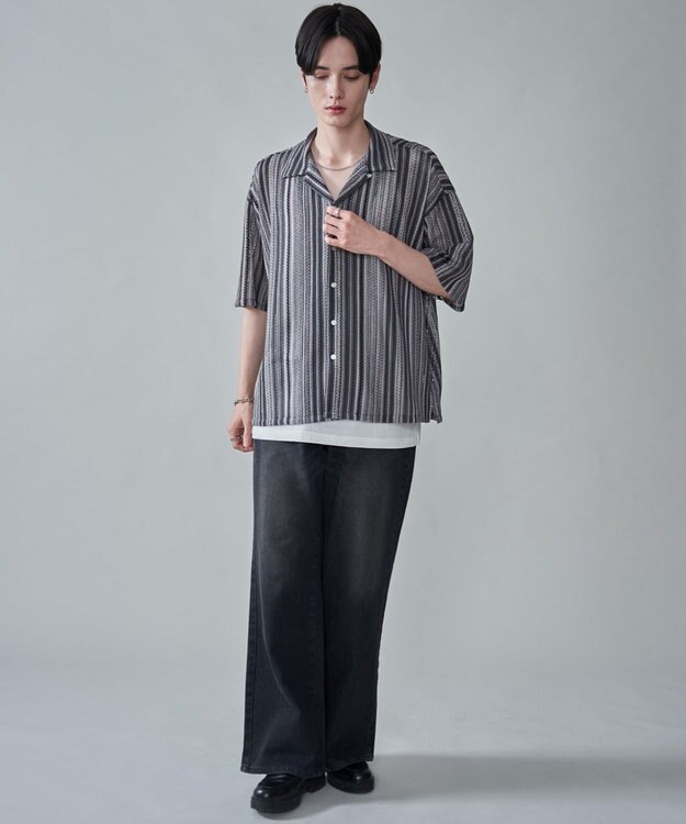 WEGO ストライプメッシュBIGシャツ（SS） グレー