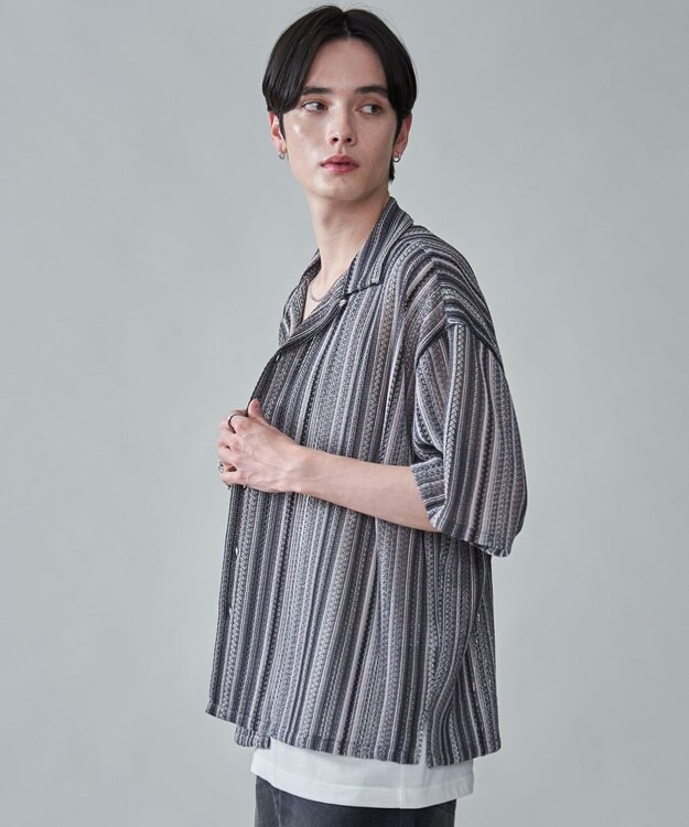 WEGO ストライプメッシュBIGシャツ（SS） グレー