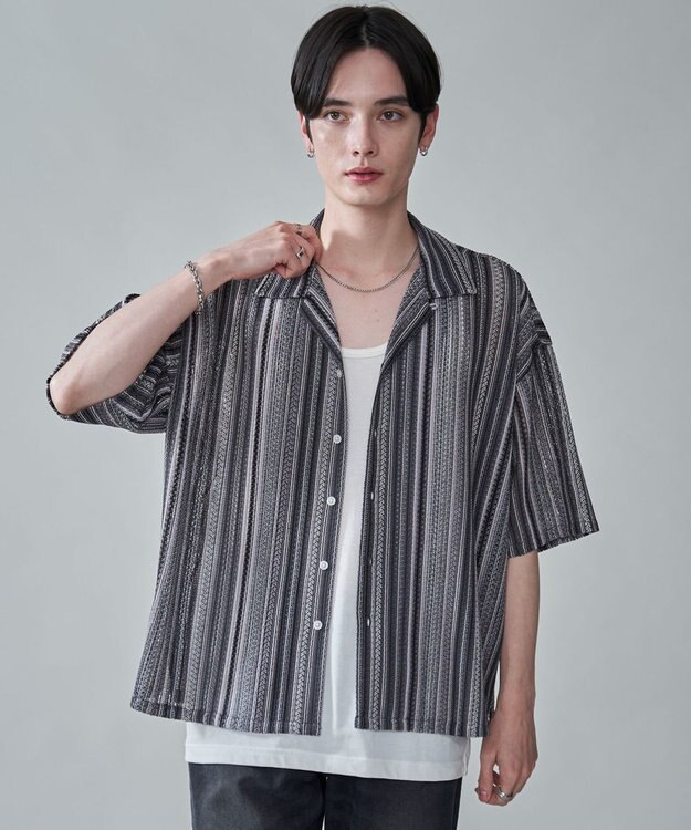 WEGO ストライプメッシュBIGシャツ（SS） グレー